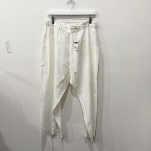 Casual Pull On High Waisted Drop Crotch Paperbag Wide Leg Pants White Women's L
